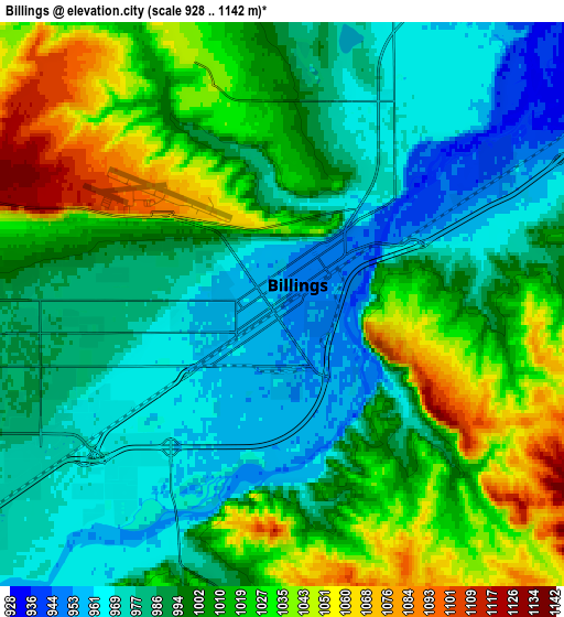 Zoom OUT 2x Billings, United States elevation map