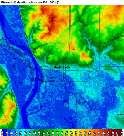 Zoom OUT 2x Bismarck, United States elevation map