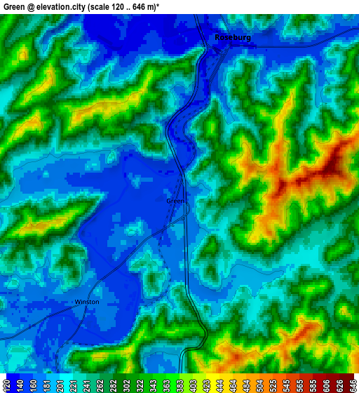 Zoom OUT 2x Green, United States elevation map