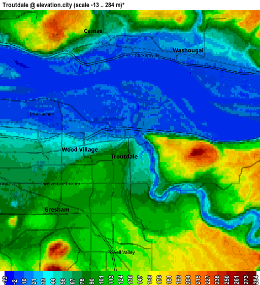 Zoom OUT 2x Troutdale, United States elevation map