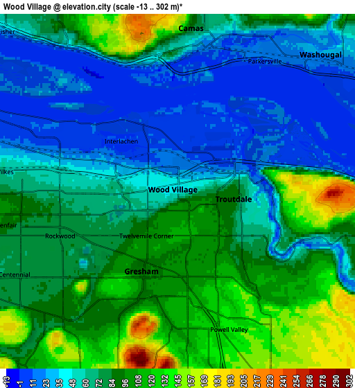 Zoom OUT 2x Wood Village, United States elevation map