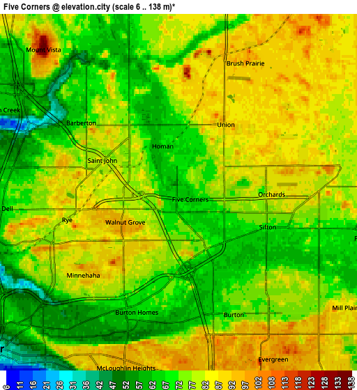 Zoom OUT 2x Five Corners, United States elevation map