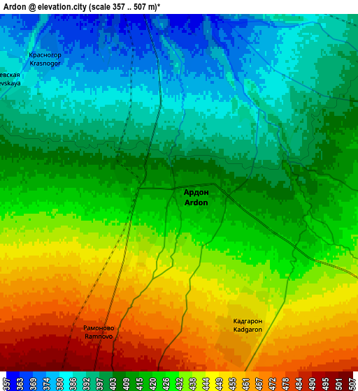 Zoom OUT 2x Ardon, Russia elevation map