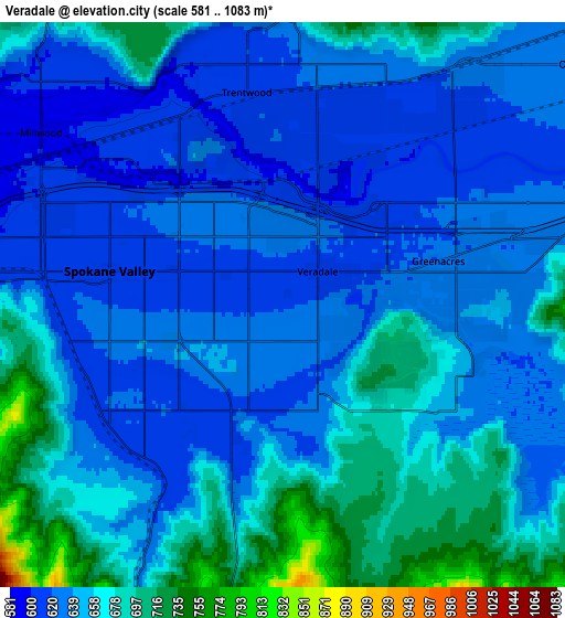 Zoom OUT 2x Veradale, United States elevation map
