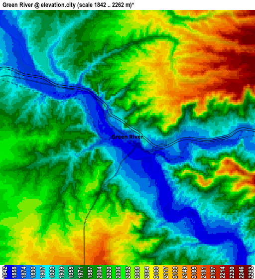 Zoom OUT 2x Green River, United States elevation map