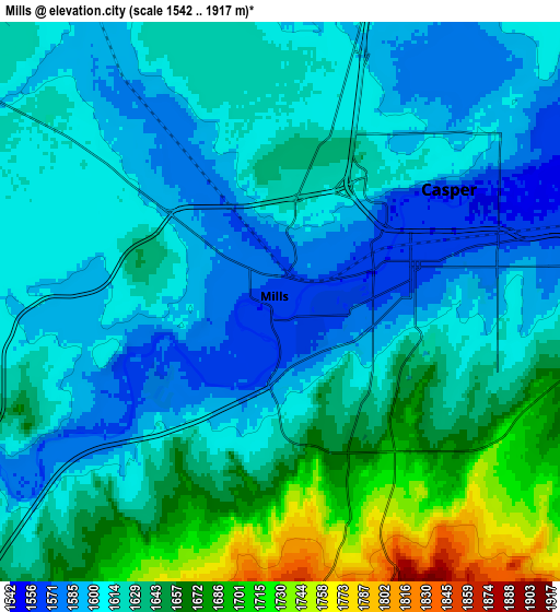 Zoom OUT 2x Mills, United States elevation map