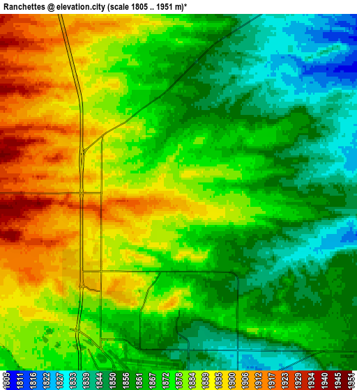 Zoom OUT 2x Ranchettes, United States elevation map