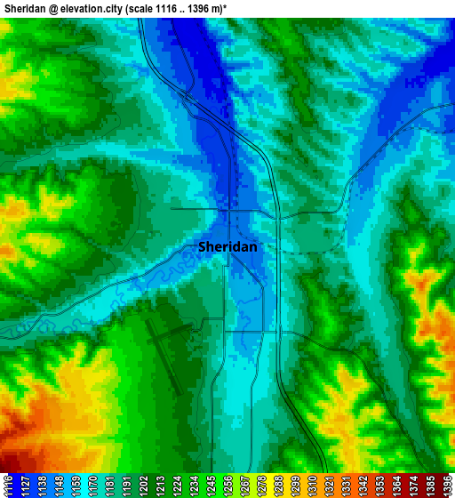 Zoom OUT 2x Sheridan, United States elevation map