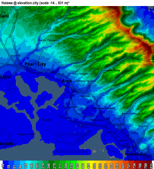 Zoom OUT 2x Hālawa, United States elevation map