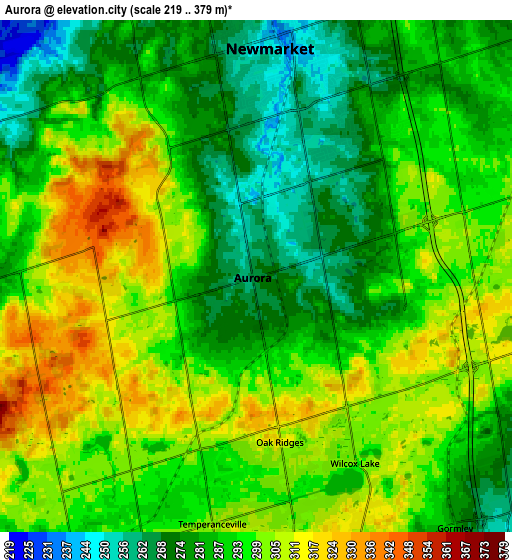 Zoom OUT 2x Aurora, Canada elevation map