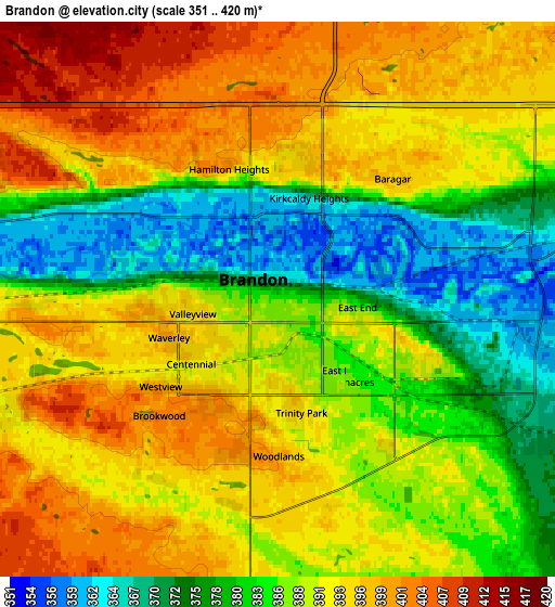 Zoom OUT 2x Brandon, Canada elevation map