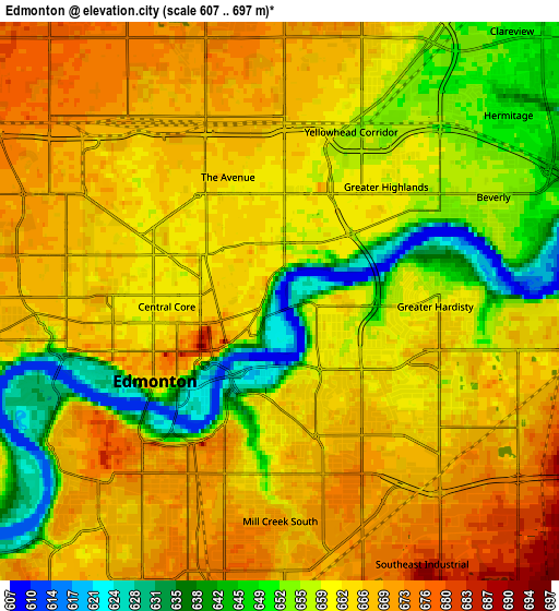 Zoom OUT 2x Edmonton, Canada elevation map