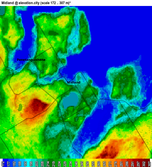 Zoom OUT 2x Midland, Canada elevation map