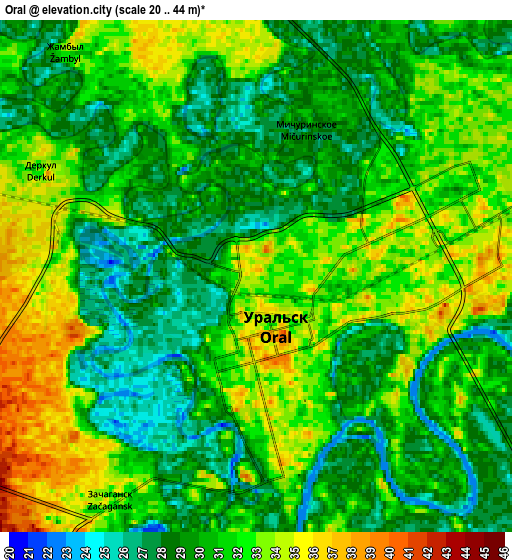 Zoom OUT 2x Oral, Kazakhstan elevation map