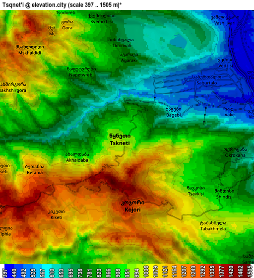 Zoom OUT 2x Tsqnet’i, Georgia elevation map