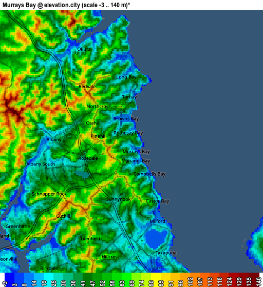Zoom OUT 2x Murrays Bay, New Zealand elevation map