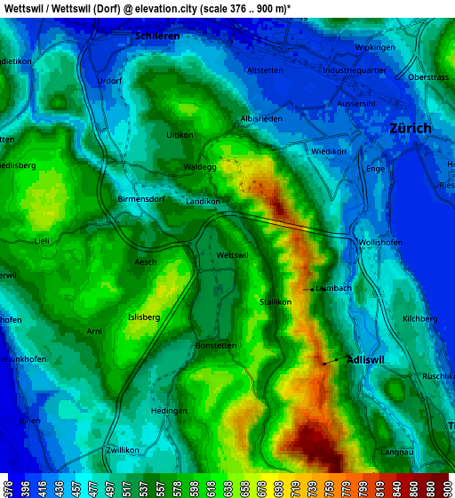 Zoom OUT 2x Wettswil / Wettswil (Dorf), Switzerland elevation map