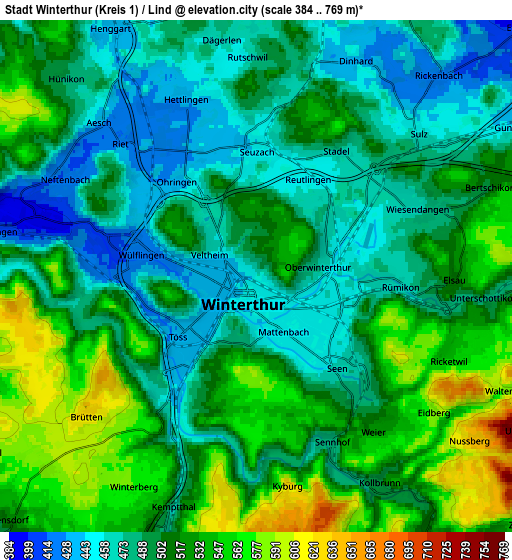 Zoom OUT 2x Stadt Winterthur (Kreis 1) / Lind, Switzerland elevation map