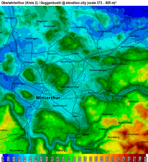 Zoom OUT 2x Oberwinterthur (Kreis 2) / Guggenbühl, Switzerland elevation map