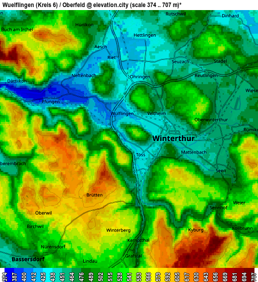 Zoom OUT 2x Wülflingen (Kreis 6) / Oberfeld, Switzerland elevation map