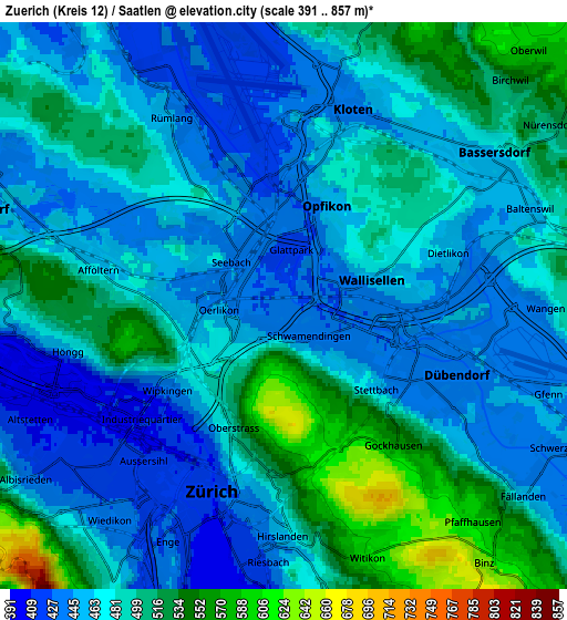 Zoom OUT 2x Zürich (Kreis 12) / Saatlen, Switzerland elevation map