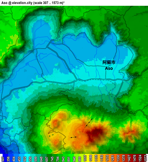 Zoom OUT 2x Aso, Japan elevation map