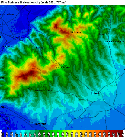 Zoom OUT 2x Pino Torinese, Italy elevation map