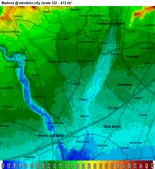 Zoom OUT 2x Madone, Italy elevation map