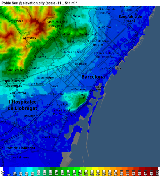 Zoom OUT 2x Poble Sec, Spain elevation map