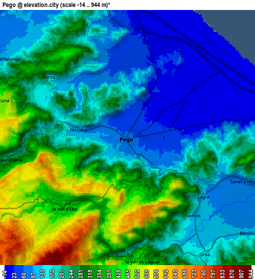 Zoom OUT 2x Pego, Spain elevation map