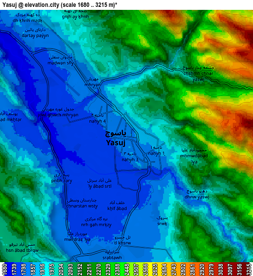 Zoom OUT 2x Yasuj, Iran elevation map