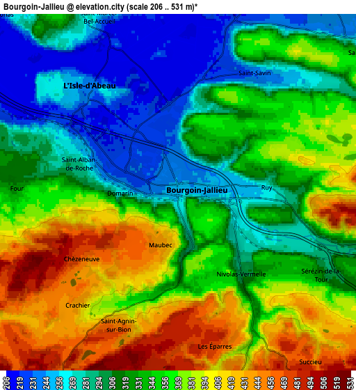 Zoom OUT 2x Bourgoin-Jallieu, France elevation map