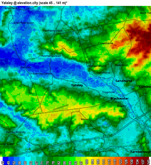 Zoom OUT 2x Yateley, United Kingdom elevation map