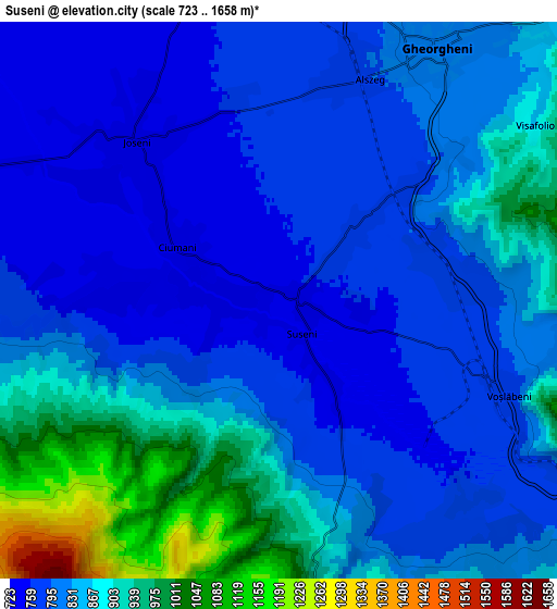 Zoom OUT 2x Suseni, Romania elevation map