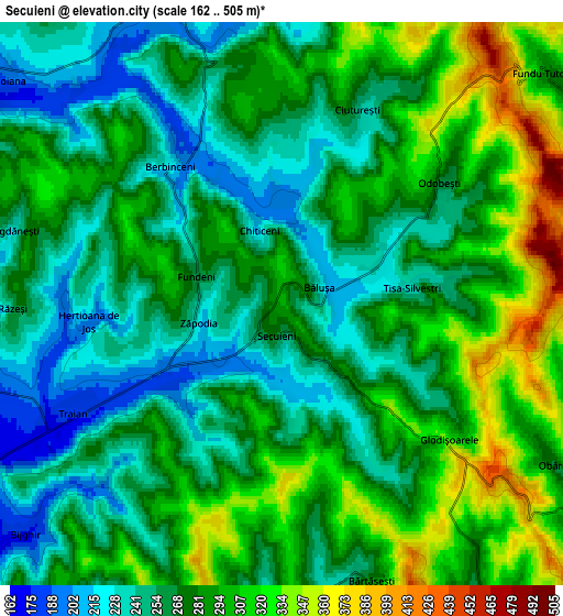 Zoom OUT 2x Secuieni, Romania elevation map