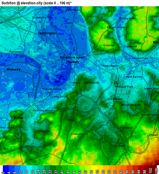 Zoom OUT 2x Surbiton, United Kingdom elevation map