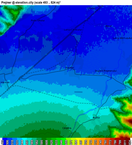 Zoom OUT 2x Prejmer, Romania elevation map