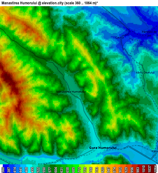 Zoom OUT 2x Mănăstirea Humorului, Romania elevation map