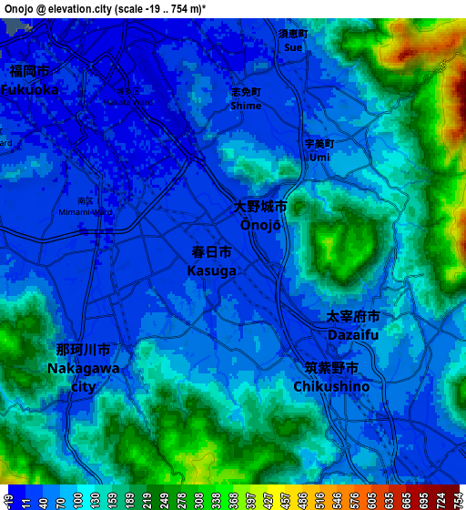 Zoom OUT 2x Ōnojō, Japan elevation map