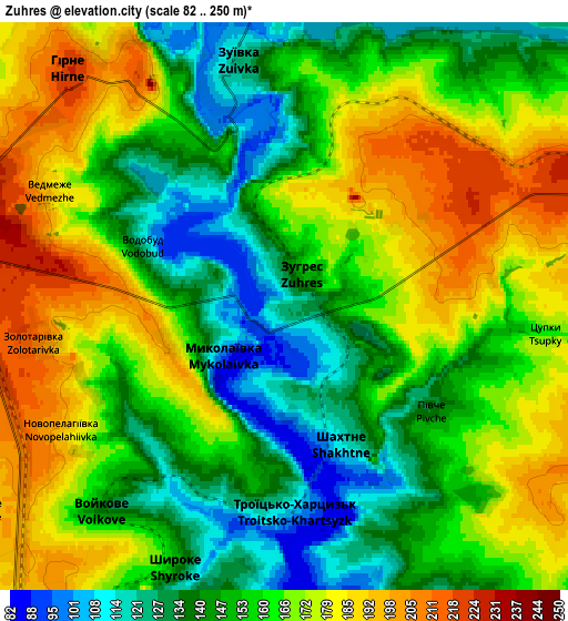 Zoom OUT 2x Zuhres, Ukraine elevation map