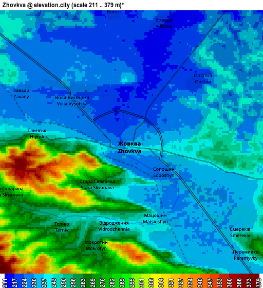 Zoom OUT 2x Zhovkva, Ukraine elevation map