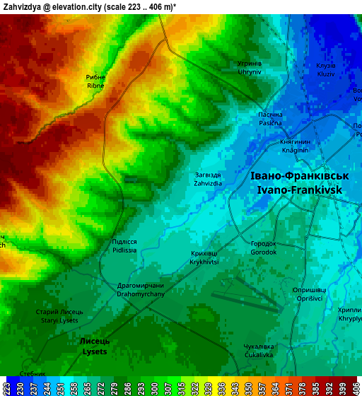 Zoom OUT 2x Zahvizdya, Ukraine elevation map