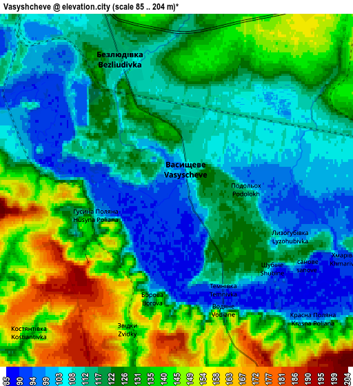 Zoom OUT 2x Vasyshcheve, Ukraine elevation map