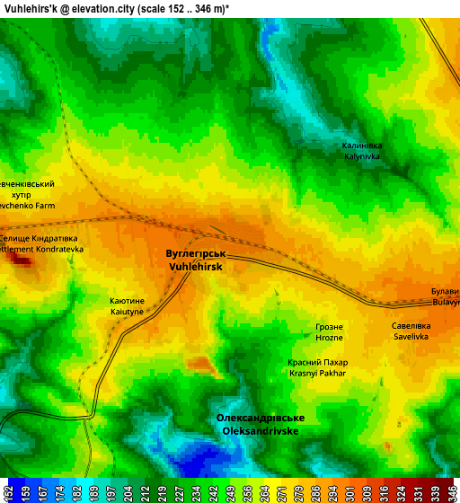 Zoom OUT 2x Vuhlehirs’k, Ukraine elevation map