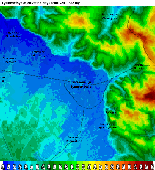 Zoom OUT 2x Tysmenytsya, Ukraine elevation map