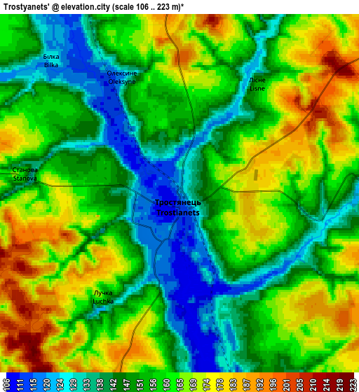 Zoom OUT 2x Trostyanets’, Ukraine elevation map