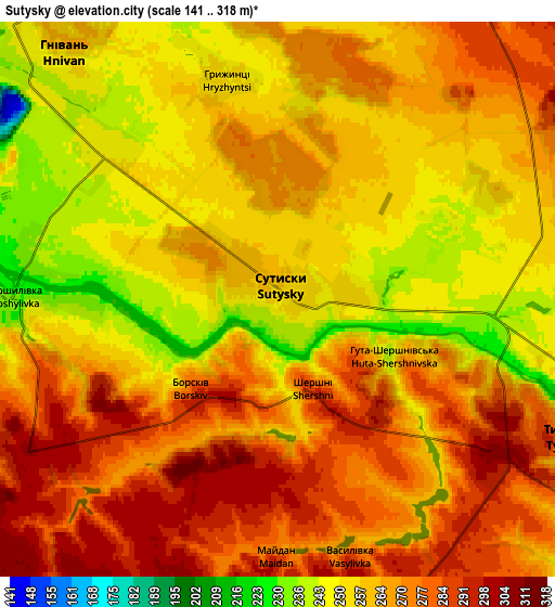 Zoom OUT 2x Sutysky, Ukraine elevation map