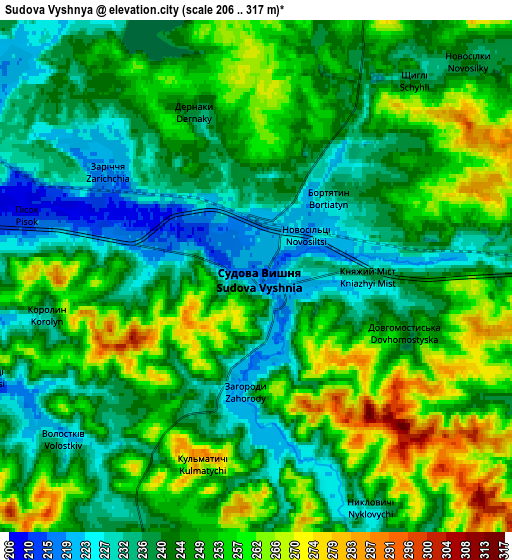 Zoom OUT 2x Sudova Vyshnya, Ukraine elevation map