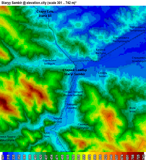 Zoom OUT 2x Staryy Sambir, Ukraine elevation map