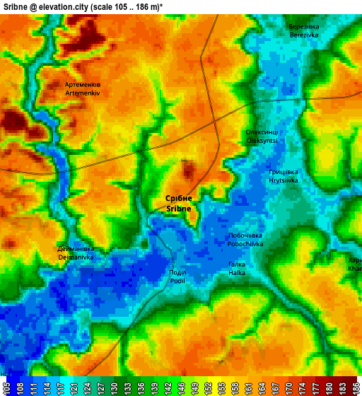 Zoom OUT 2x Sribne, Ukraine elevation map